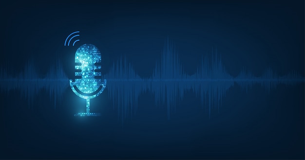 vector abstract icon microphone on digital sound wave on dark blue color background