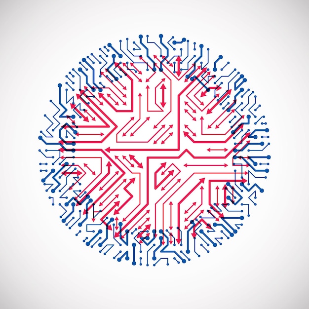 Vector abstract technology illustration with round red and blue circuit board. High tech circular digital scheme of electronic device, multidirectional arrows.