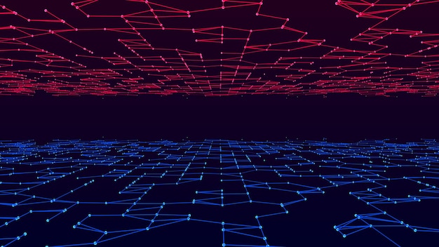 Vector abstract technology perspective grid Detailed wireframe landscape with colors lines on black background Digital space with mesh Concept connection big data Futuristic technology backdrop