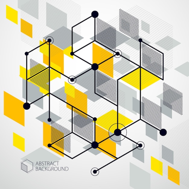 vector abstract yellow background created in isometric mesh lines style. mechanical scheme, vector engineering drawing with cube and mechanism parts. perfect background for your design projects