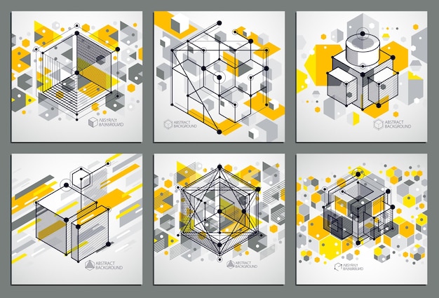 Vector abstract yellow backgrounds set created in isometric mesh lines style. Mechanical scheme, vector engineering drawing with cube and mechanism parts. Perfect background for your designs