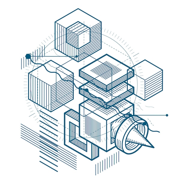 Vector background with abstract isometric lines and figures. Template made with cubes, hexagons, squares, rectangles and different abstract elements.