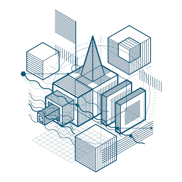 vector background with abstract isometric lines and figures. template made with cubes, hexagons, squares, rectangles and different abstract elements.