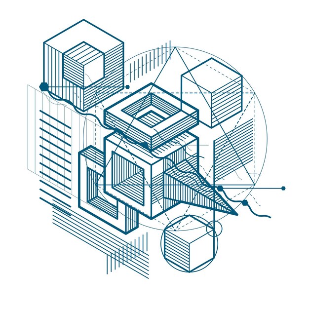 vector background with abstract isometric lines and figures. template made with cubes, hexagons, squares, rectangles and different abstract elements.