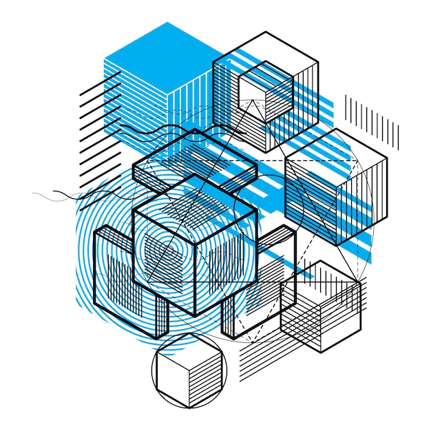 vector background with abstract isometric lines and figures. template made with cubes, hexagons, squares, rectangles and different abstract elements.