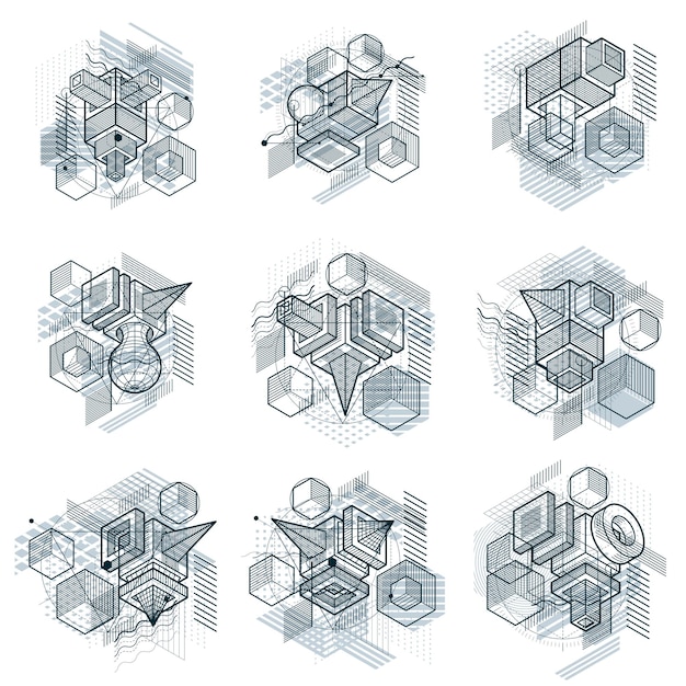 Vector backgrounds with abstract isometric lines and figures. Templates made with cubes, hexagons, squares, rectangles and different abstract elements. Vector set.