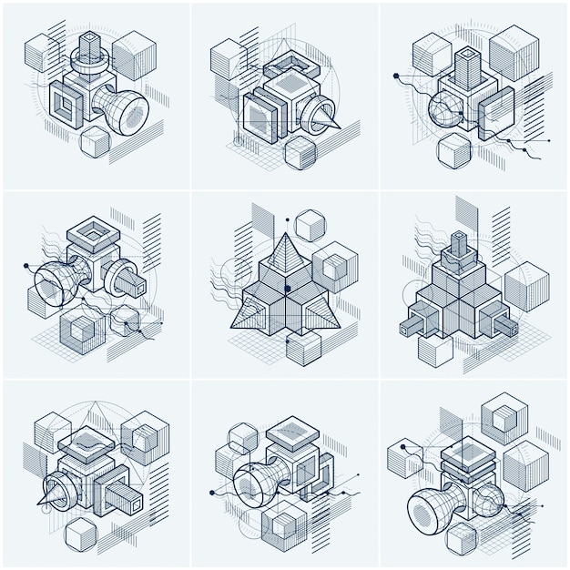 Vector backgrounds with abstract isometric lines and figures. Templates made with cubes, hexagons, squares, rectangles and different abstract elements. Vector set.
