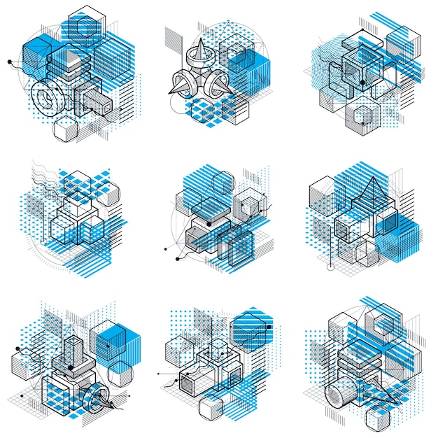 Vector backgrounds with abstract isometric lines and figures. Templates made with cubes, hexagons, squares, rectangles and different abstract elements. Vector set.