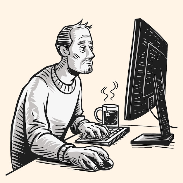 vector black and white sketch of a man at the computer