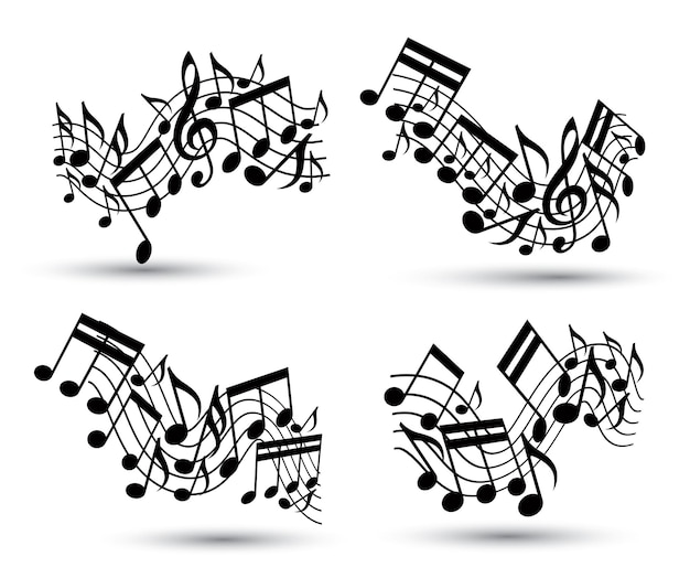 vector black jolly wavy staves with musical notes on white background, decorative set of musical notation symbols.