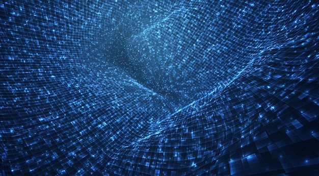 Vector blue stream of luminous particles and crystals, virtual data