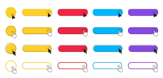 vector button set with clicking hand or arrow pointer click here button template