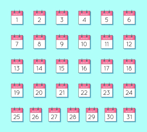 Vector Calendar Icon Flat and thin line vector illustration Calendar sheets on light blue background August