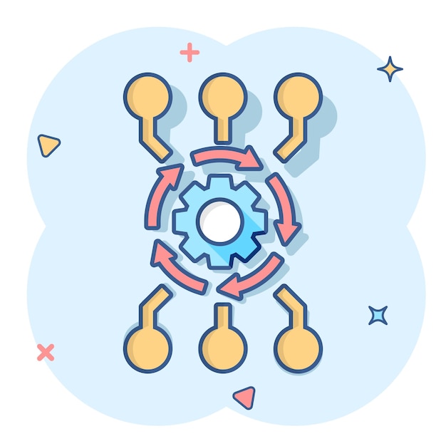 Vector cartoon algorithm api software icon in comic style Gear with arrow concept illustration pictogram Algorithm business splash effect concept