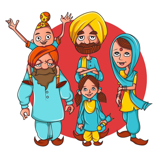 vector cartoon illustration of punjabi farmer family