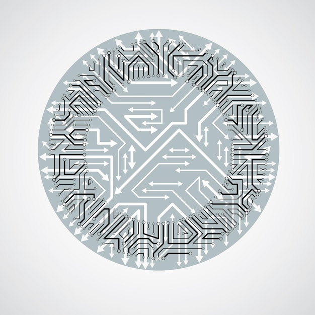 Vector circuit board circle, digital technologies abstraction. Black and white computer microprocessor scheme with arrows, futuristic design.