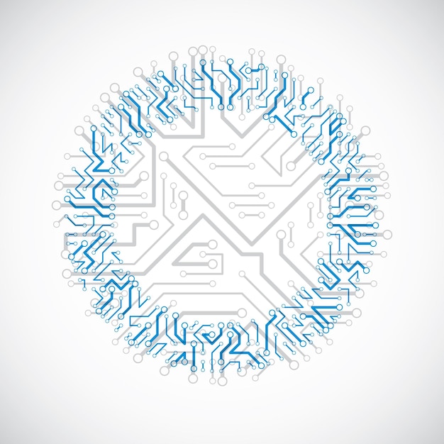 vector circuit board circle, digital technologies abstraction. blue computer microprocessor scheme, futuristic design.