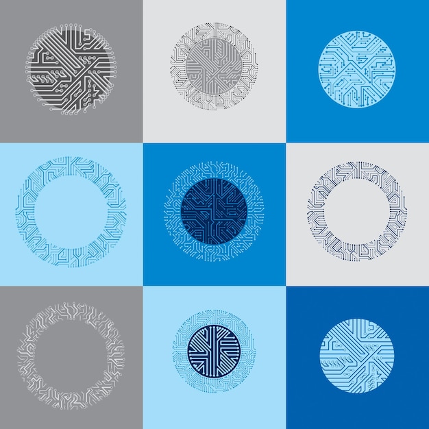 Vector circuit board circles, digital technologies abstractions. Set of computer microprocessor schemes, futuristic designs collection.