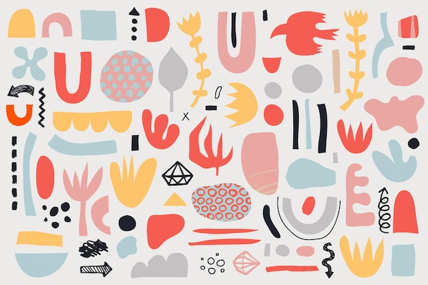 vector collage pattern, background. hand drawn various shapes and doodle objects, flowers, leaves. abstract contemporary modern trendy illustration