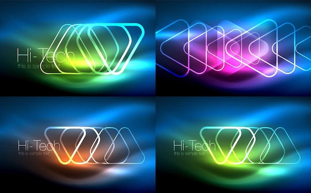 Vector collection of glowing neon shapes in dark abstract backgrounds Digital techno illustration