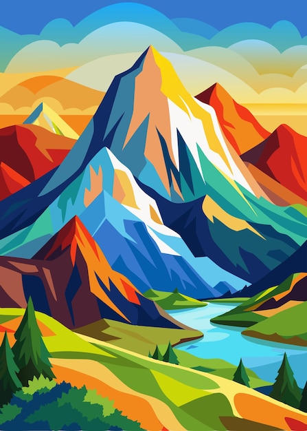 vector colorful mountain with lake views