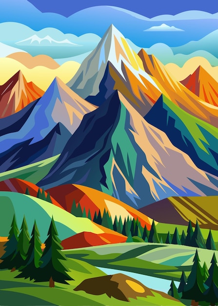 vector colorful mountain with lake views