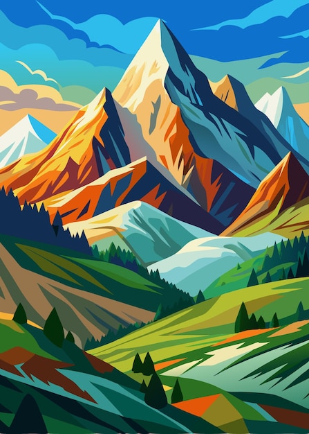 vector colorful mountain with lake views