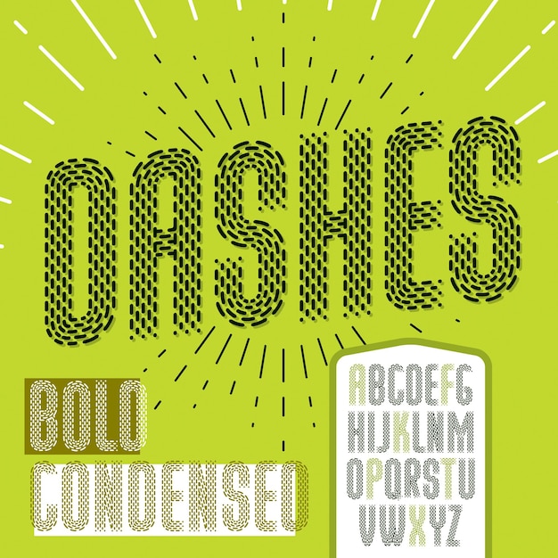 Vector condensed upper case modern alphabet letters set. Rounded bold retro font, typescript can be used as logo design element. Created using dashes, parallel lines.