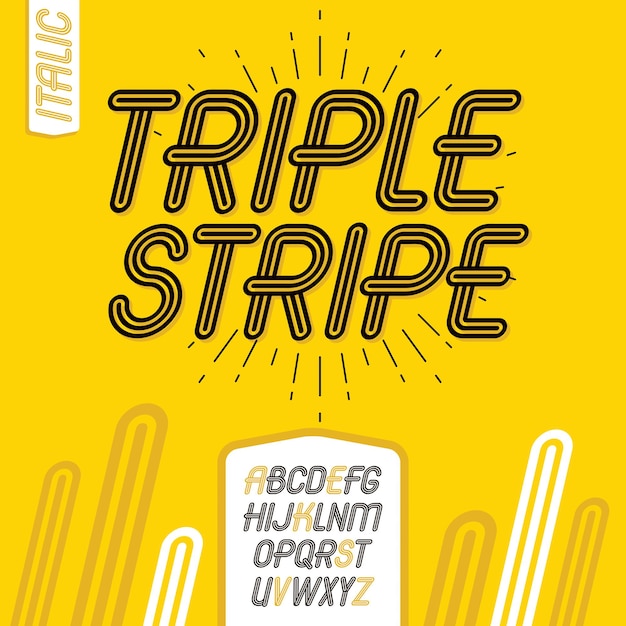Vector cool capital alphabet letters collection. Retro italic type font, script from a to z best for use in logotype creation. Created using triple stripy, parallel lines.