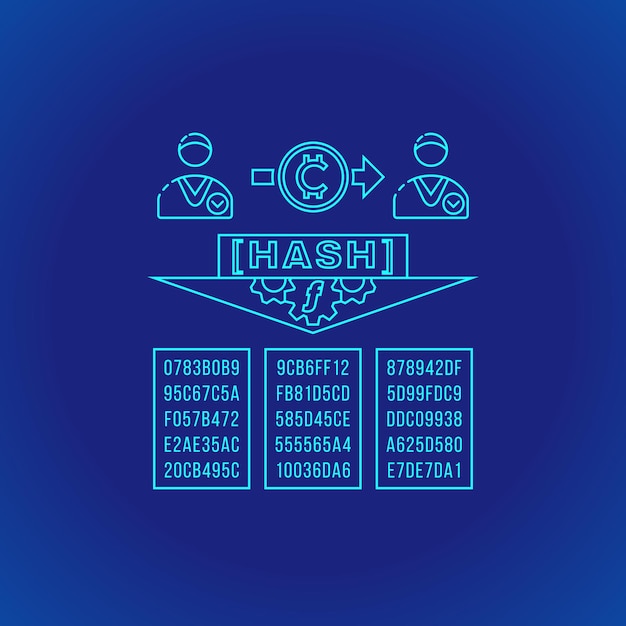 Vector cyan outline design blockchain hash function algorithm principle explain scheme illustration icon isolated blue background