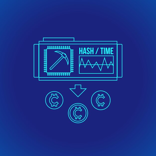 Vector cyan outline design blockchain proof of work algorithm cryptocurrency POW mining principle explain scheme illustration icon isolated blue background
