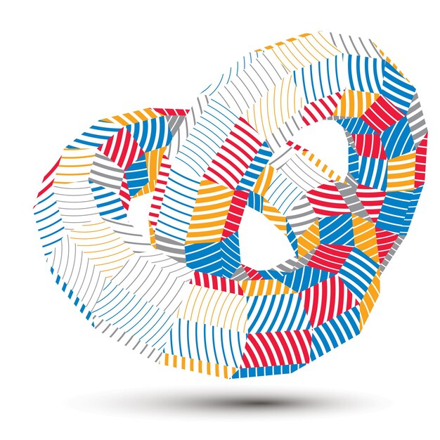 Vector digital 3d striped abstraction, geometric polygonal element. Spatial technological colorful shape, three-dimensional object.