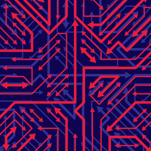 Vector digital technology background with sparkling circuit board elements and arrows, neon computer scheme texture. Device component, microprocessor abstract shine illustration.