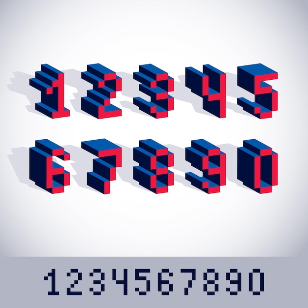vector digits, numerals created in 8 bit style. pixel art numbers set, 3d mathematics design elements.
