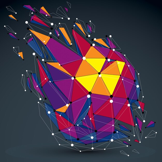 Vector dimensional colorful wireframe object, demolished low poly shape with fractures and wreckage. 3d lines mesh digital technology element broken into pieces.