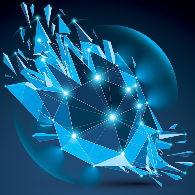 Vector dimensional wireframe blue sparkling object with radiance circles, demolished shape with particles and wreckage. 3d white lines mesh element broken into pieces. Digital technology art.