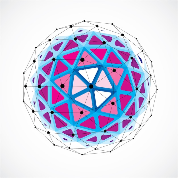 vector dimensional wireframe low poly object, purple spherical shape with black grid. technology 3d mesh element made using triangular facets for use as design form in engineering.