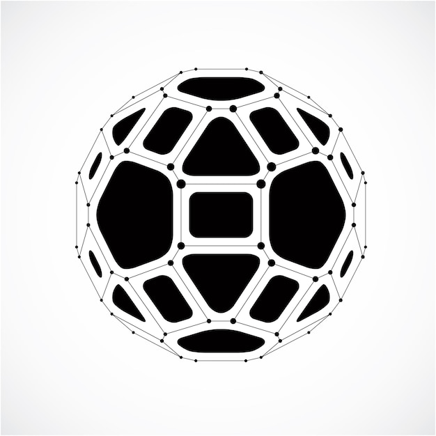 Vector dimensional wireframe low poly object, spherical gray facet shape with black grid. Technology 3d mesh element made using pentagons for use as design form in engineering.