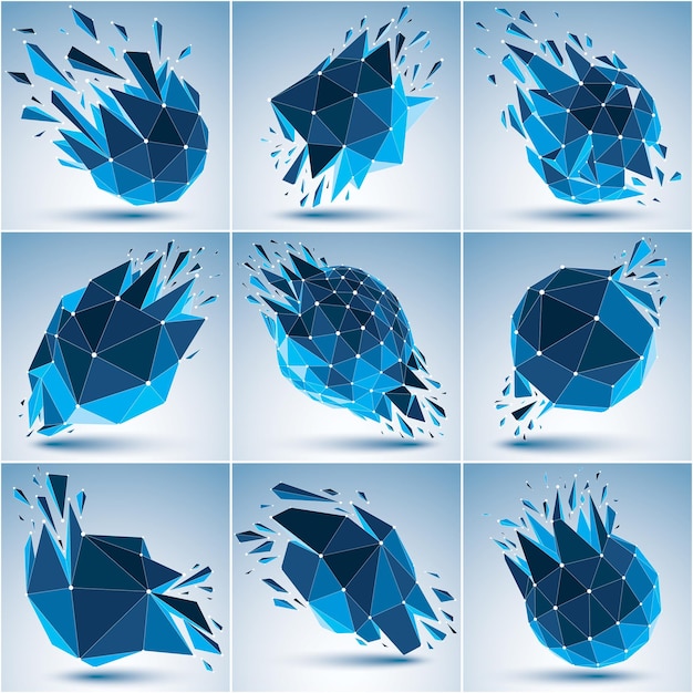 vector dimensional wireframe luminescent objects collection with blue connected lines, demolished shapes with refractions and wreckage. set of 3d mesh global technology elements broken into pieces.