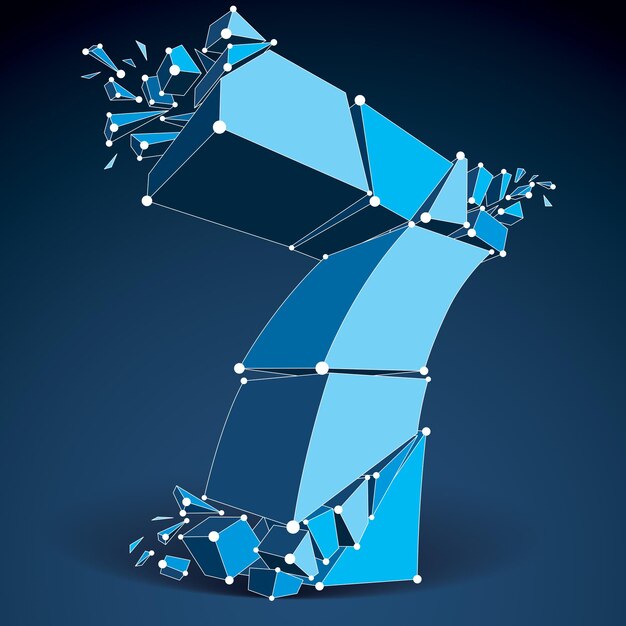 Vector dimensional wireframe number 7, blue demolished thread digit with fragments. 3d mesh technology element broken into pieces.
