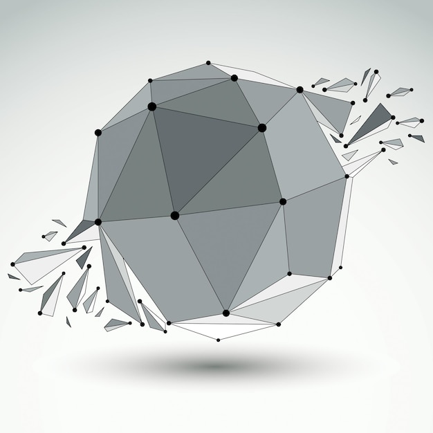 Vector dimensional wireframe object, spherical demolished shape with refractions and wreckage. 3d mesh technology element broken into pieces.