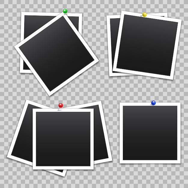 Vector empty photo frames with pin and shadow isolated on transparent background Template mockup photo design