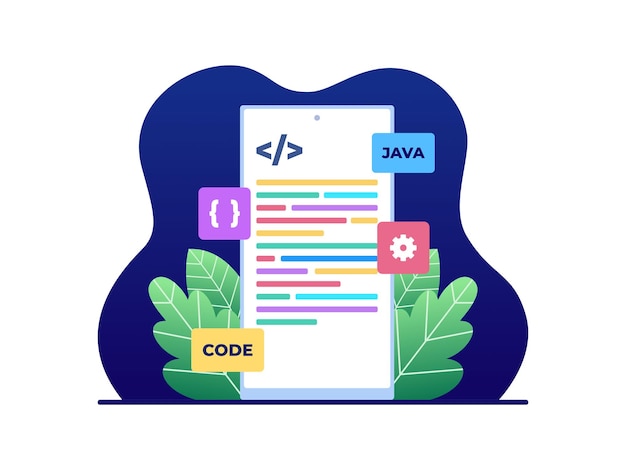 Vector Flat Illustration Coding or Programming in Mobile Smartphone