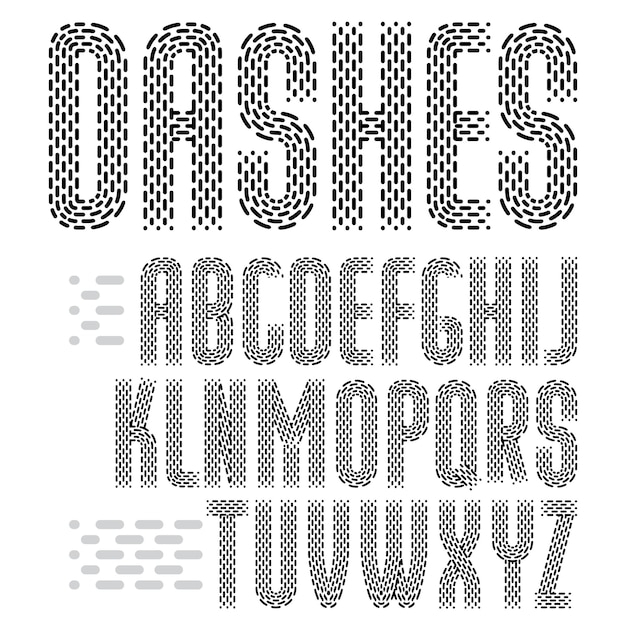 Vector funky condensed capital English alphabet letters collection. Rounded bold retro font, typescript for use in logo design. Made with parallel dashed lines.
