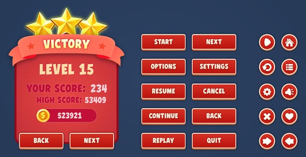 Vector game ui kit. complete set of victory menu scene pop up, icons and buttons with editable text