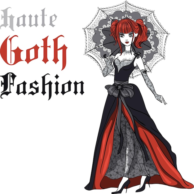 vector goth girl in black dress with umbrella