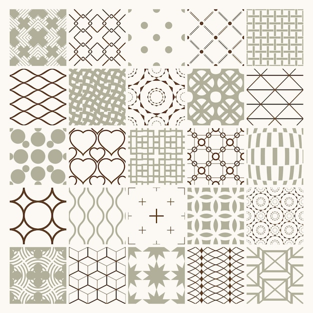 Vector graphic vintage textures created with squares, rhombuses and other geometric shapes. Seamless patterns collection best for use in textiles design.