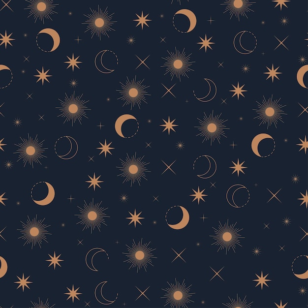Vector hand-drawn magic bohemian seamless pattern sun, moon, stars magic mystical shapes