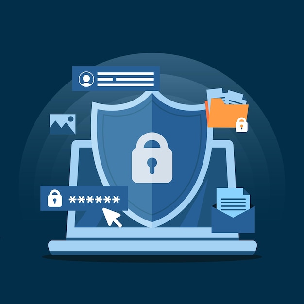 Vector Hand Illustration Cyber Security Safe and Secured Laptop