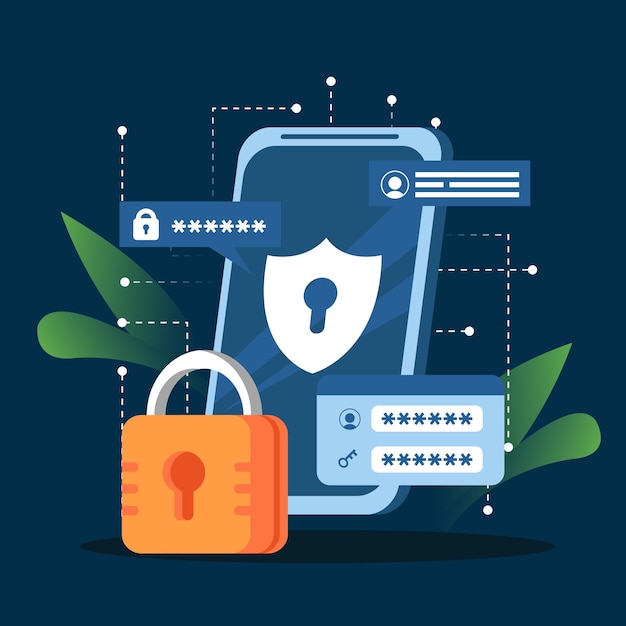 vector hand illustration cyber security safe secured locked password user account mobile phone